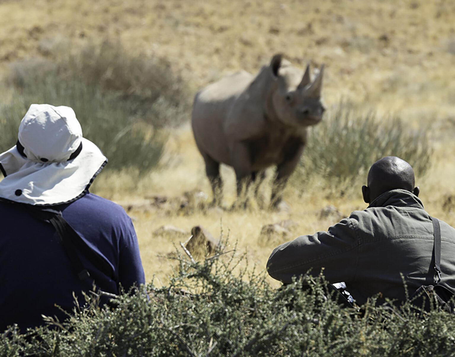 Two photographers capturing a distant rhinoceros in the wild.