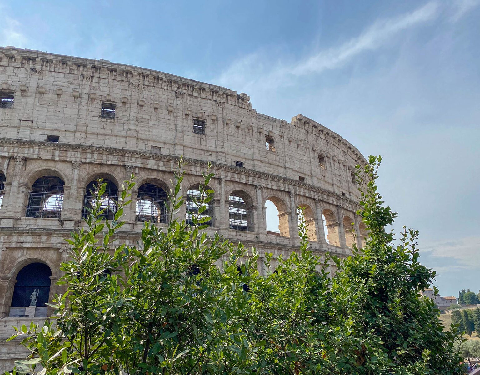 The iconic Colosseum in Rome under a clear sky with greenery in front.