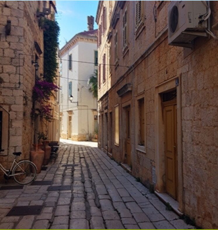 Narrow cobblestone alleyway bathed in warm sunlight.