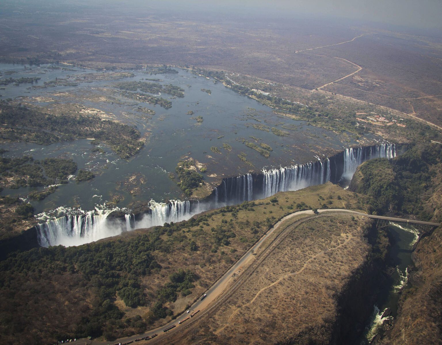 Aerial view of Victoria Falls on the Zambezi River.