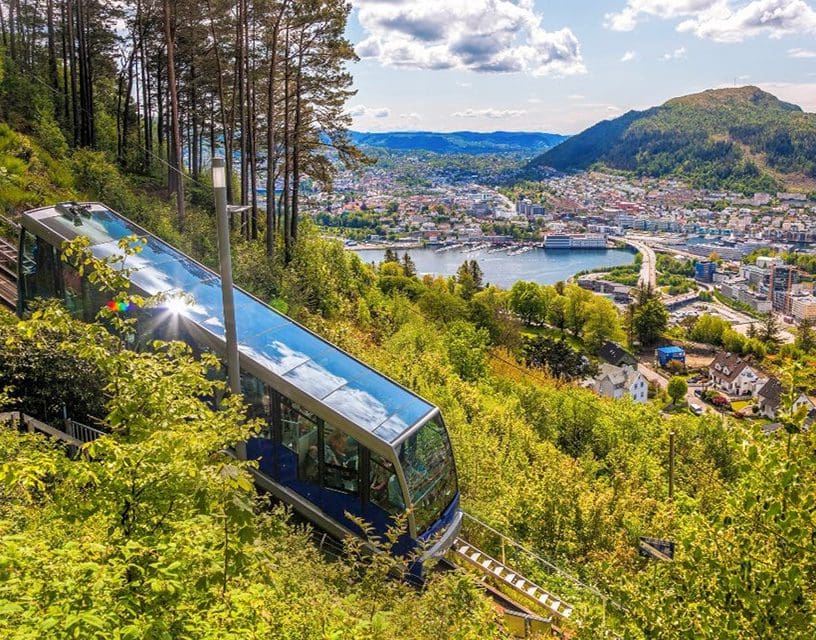 Funicular car ascending forested hillside overlooking town