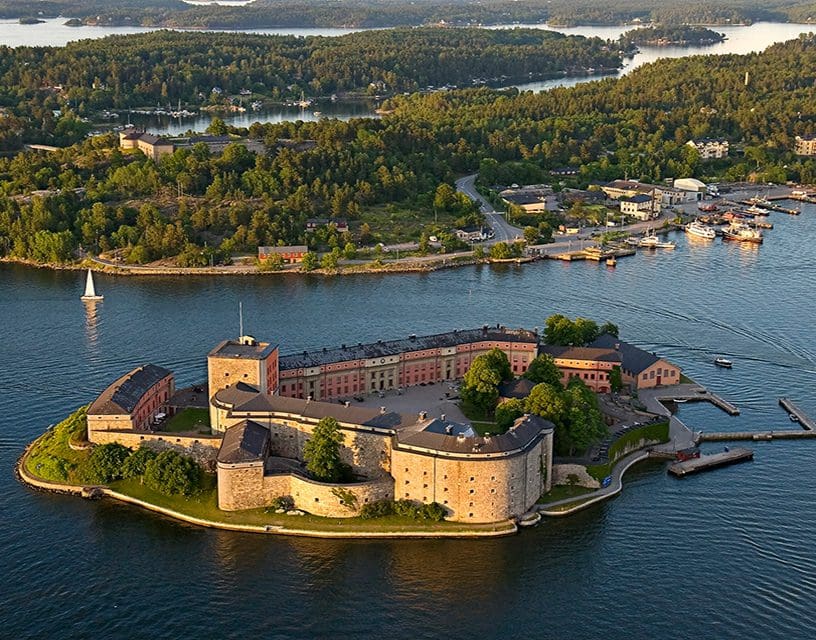 Aerial view of historic island fortress
